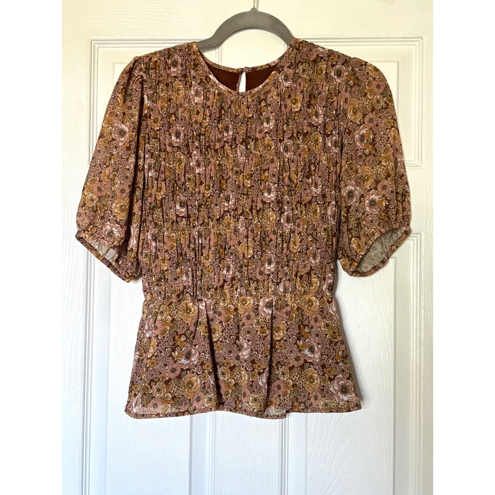 Collective Concepts Brown Floral Smocked Peplum Puff Sleeve Blouse Size Small